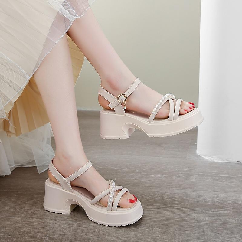 Cool High Heels Women's Summer Skirt Pearl Small Thick Heel Platform Sandals