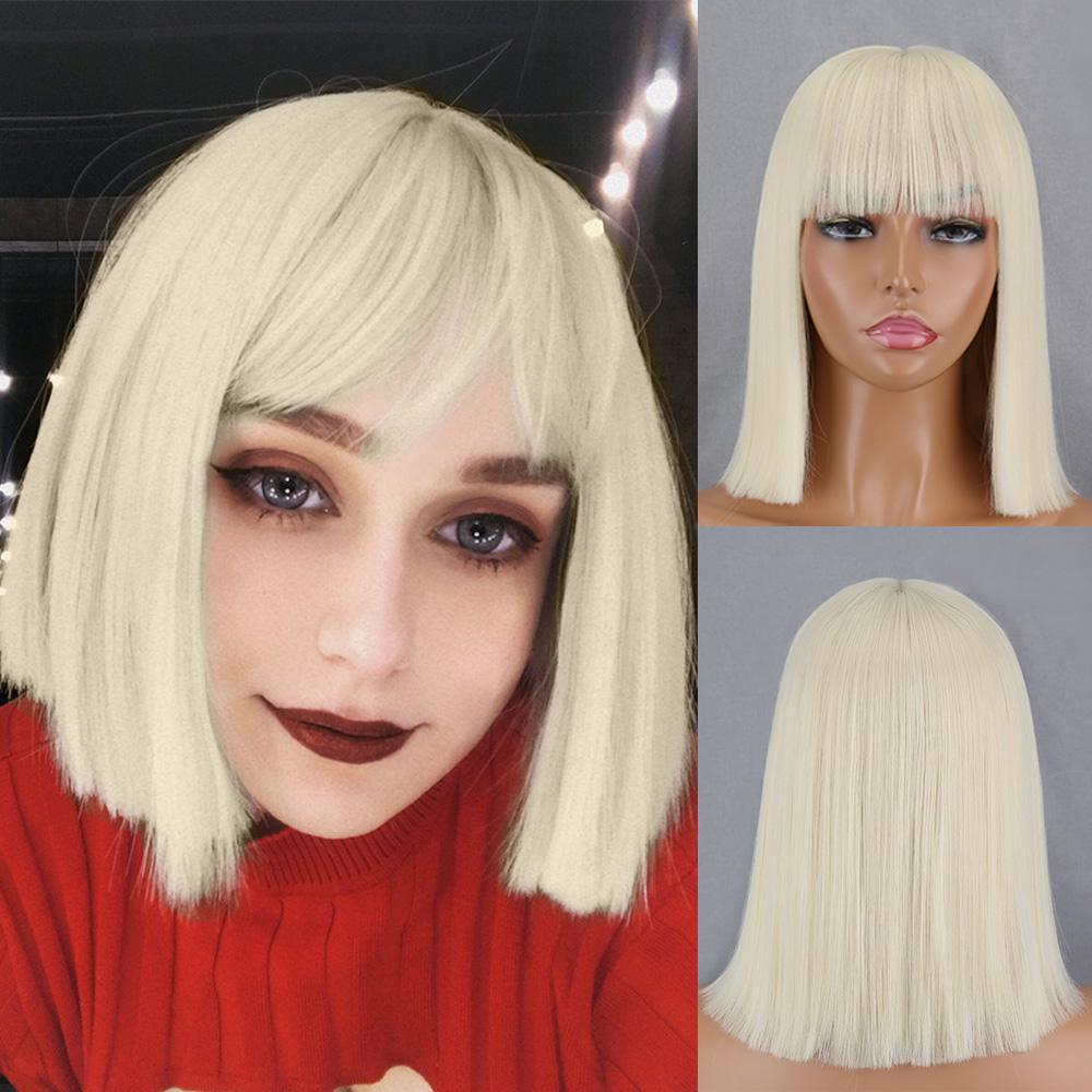 MISS WIG Women Fashion Short Straight Bob Wig with Bangs Synthetic Fiber Brown Black Blonde Short Wig Daily Wear