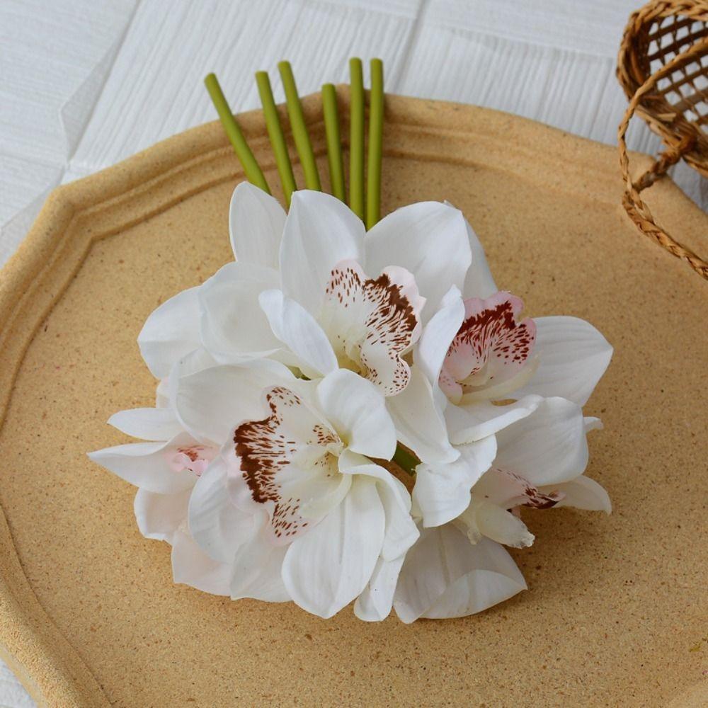 6 Heads Artificial Cymbidium Flowers Real Touch Magnolia Branch  Birthday Decor