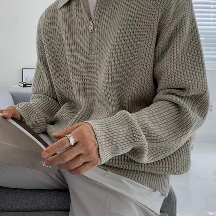 

Мужской повседневный пуловер свободного кроя на весну/осень с полузастежкой-молнией, молодежный вязаный топ однотонной расцветки со стойкой XL серый