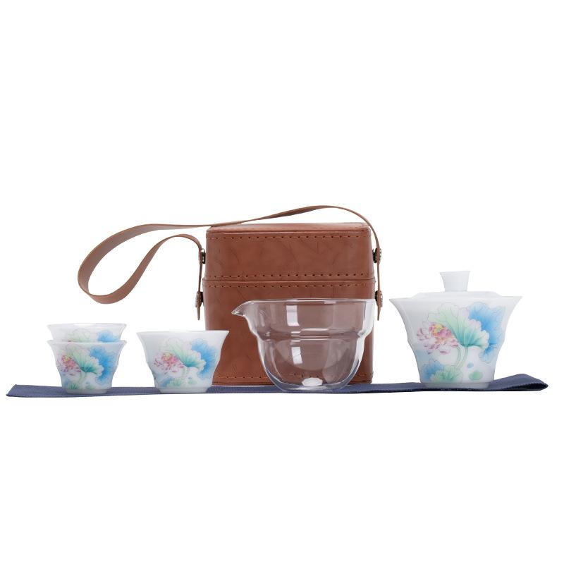 Ice Jade Porcelain Hovering Kuaike Cup Portable Outdoor One Pot Three Cups Tea Drinking Equipment Kung Fu Travel Tea Set