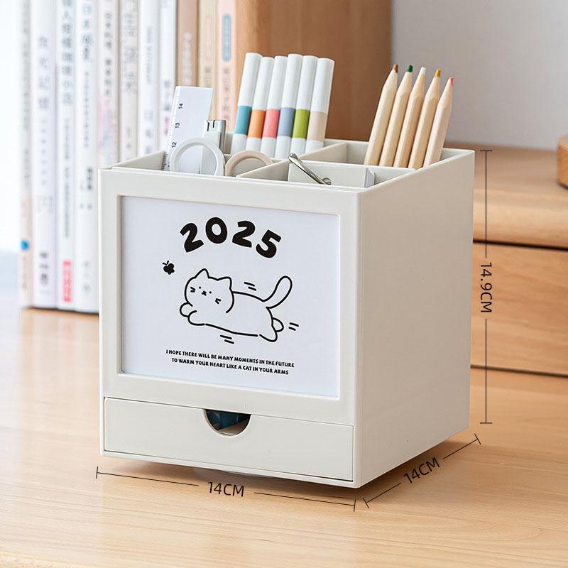360-degree Rotating Desk Calendar Pen Holder Cute Cat Desktop Stationery Organizer Multi Functional Desk Calendar