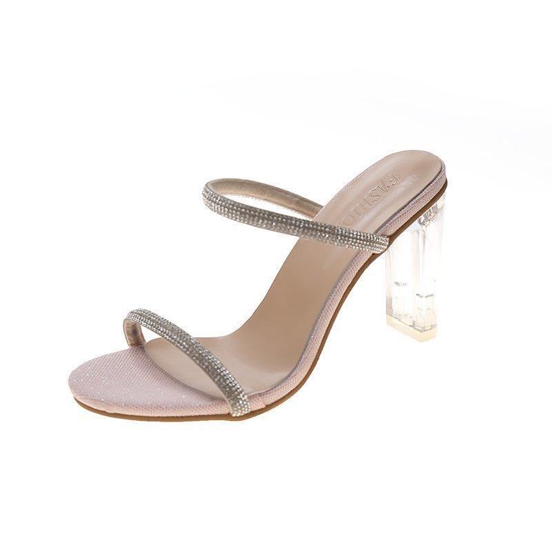 

Крутые шлепанцы на высоком каблуке женские летние новые со стразами для улицы модные европейские и американские больших размеров с ремешком на одно слово женская обувь 42