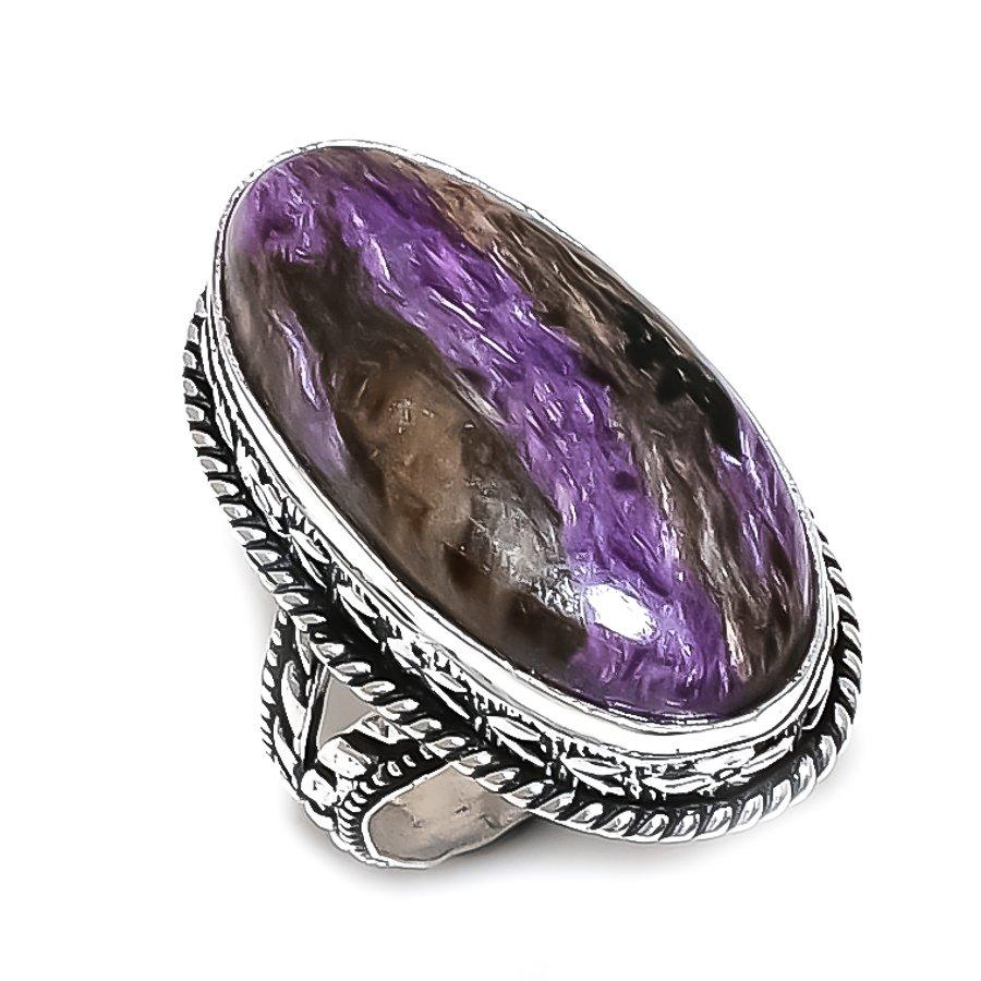 Natural Russian Charoite Gemstone Handmade 925 Sterling Silver Ring Size 9 u9c47