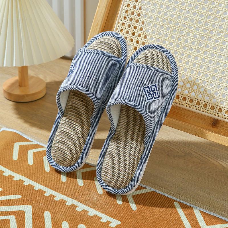 Household linen slippers women's spring and autumn four seasons indoor cotton and linen thick bottom home home non-slip summer men