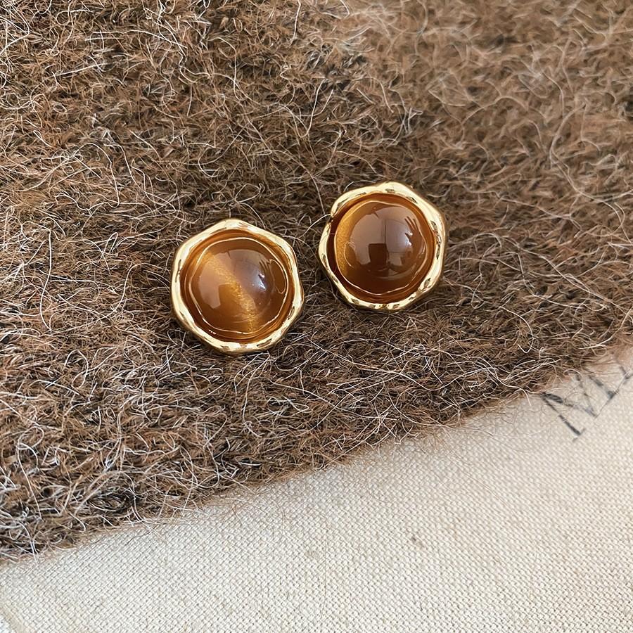18k real gold electroplated tiger's eye stone geometric stud earrings Maillard temperament earrings earrings women