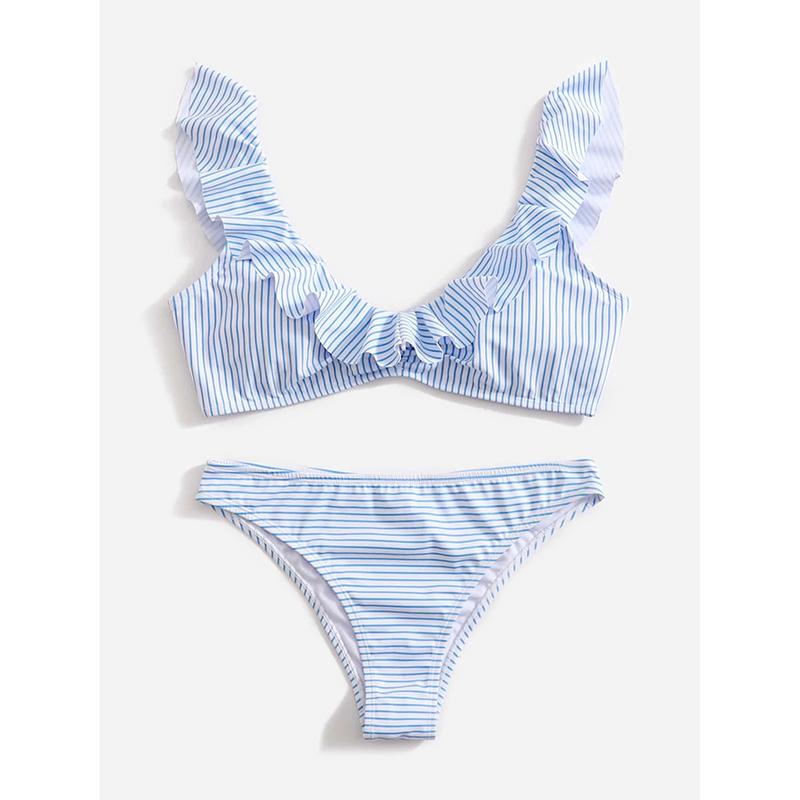 

Синие купальники бикини с полосатым принтом и оборками, купальник пуш-ап, сексуальный купальник для женщин 2025, купальник с высоким вырезом, бикини с завязками на спине XL синий