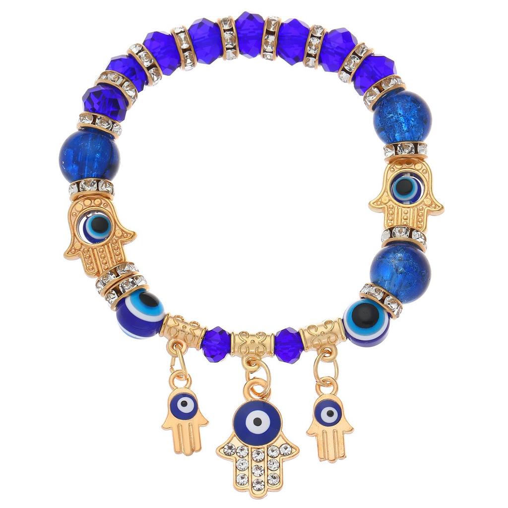 Blue Devil Eye Resin Bead Bracelet with Fatima Palm Pendant