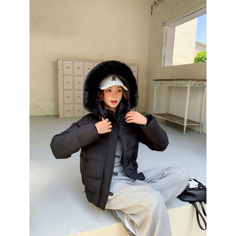 

Puff fur collar hooded winter down cotton clothes women s winter new bread clothes thickened loose coat S чорний