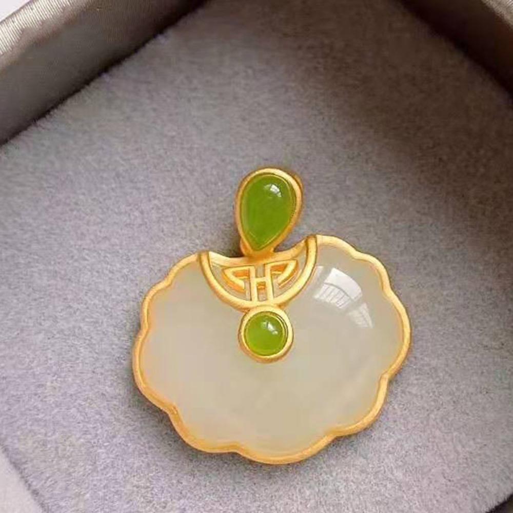 Vintage Style Faux Hetian Jade Longevity Lock Pendant Necklace for Women Brass Antique Gold Plated Jewelry