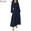 ZANZEA Women Casual Round Neck Solid Color Loose Long Sleeve Long Dress