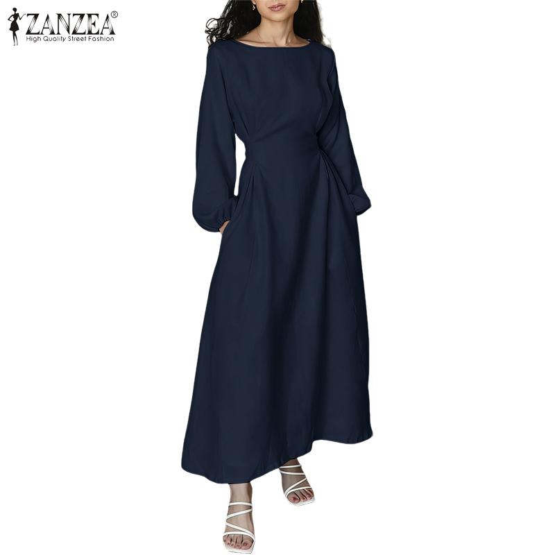 ZANZEA Women Casual Round Neck Solid Color Loose Long Sleeve Long Dress