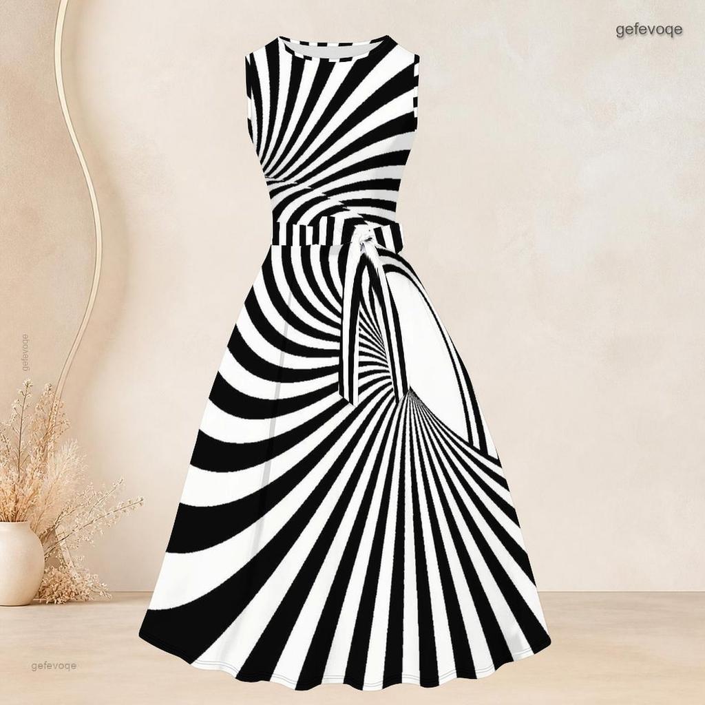 Women Plus Size Two Piece Set Long Sleeve Draped Cardigan Round Neck Sleeveless Tie Waist Flared Dress Black White Printed