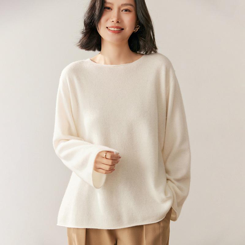 Lekasha Women's Cashmere Rolled Hem Sweater - Autumn/Winter, Twelve-Needle, Round Neck, Widened Sleeves, Loose Fit, Warm Base Layer