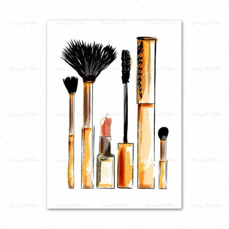 Fashion MakeUp Lipstick Mascara Nail Polish Canvas Painting Beauty Salon Poster Eyelash Red Lips Girl Wall Art Home Decor