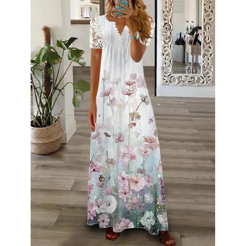 Spring and Summer Casual Women Plus Size Dresses Fashion Printed Lace Long Sleeve Loose Dress Woman Elegant Vintage Vacation Beach Long Dress 26518