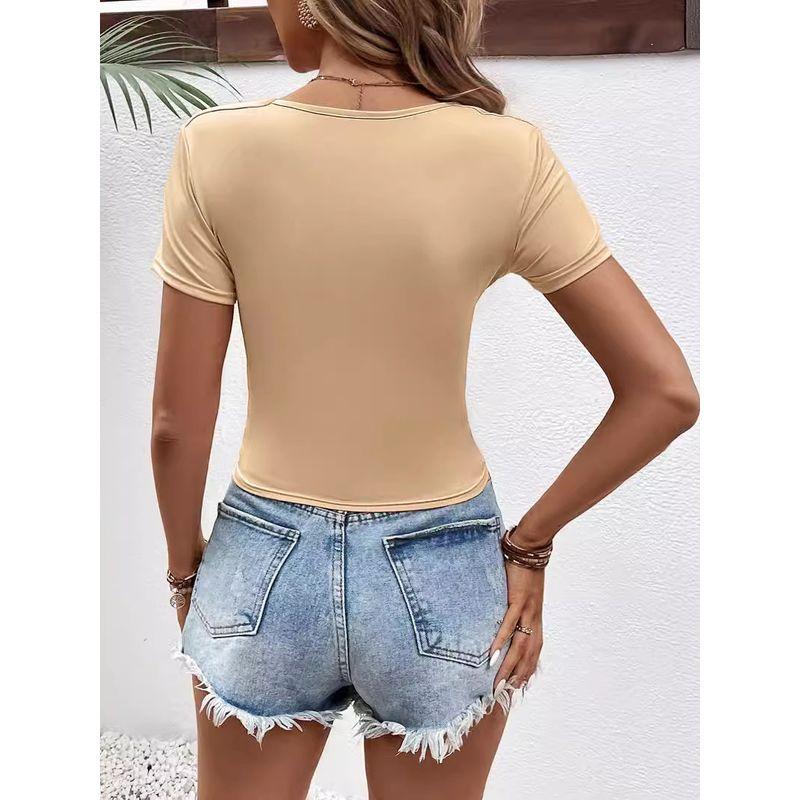 Solid Color Square Neck Short Sleeved Top Pure Color Square Collar Short Sleeve Tops Female