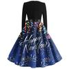 Women's Vintage Classic Dress Long Sleeve 2024 New Year Printed Square Neck Swing Dress