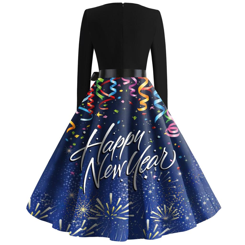 Dámské klasické klasické šaty s dlouhým rukávem 2024 s novoročním potiskem, houpací šaty se čtvercovým výstřihem