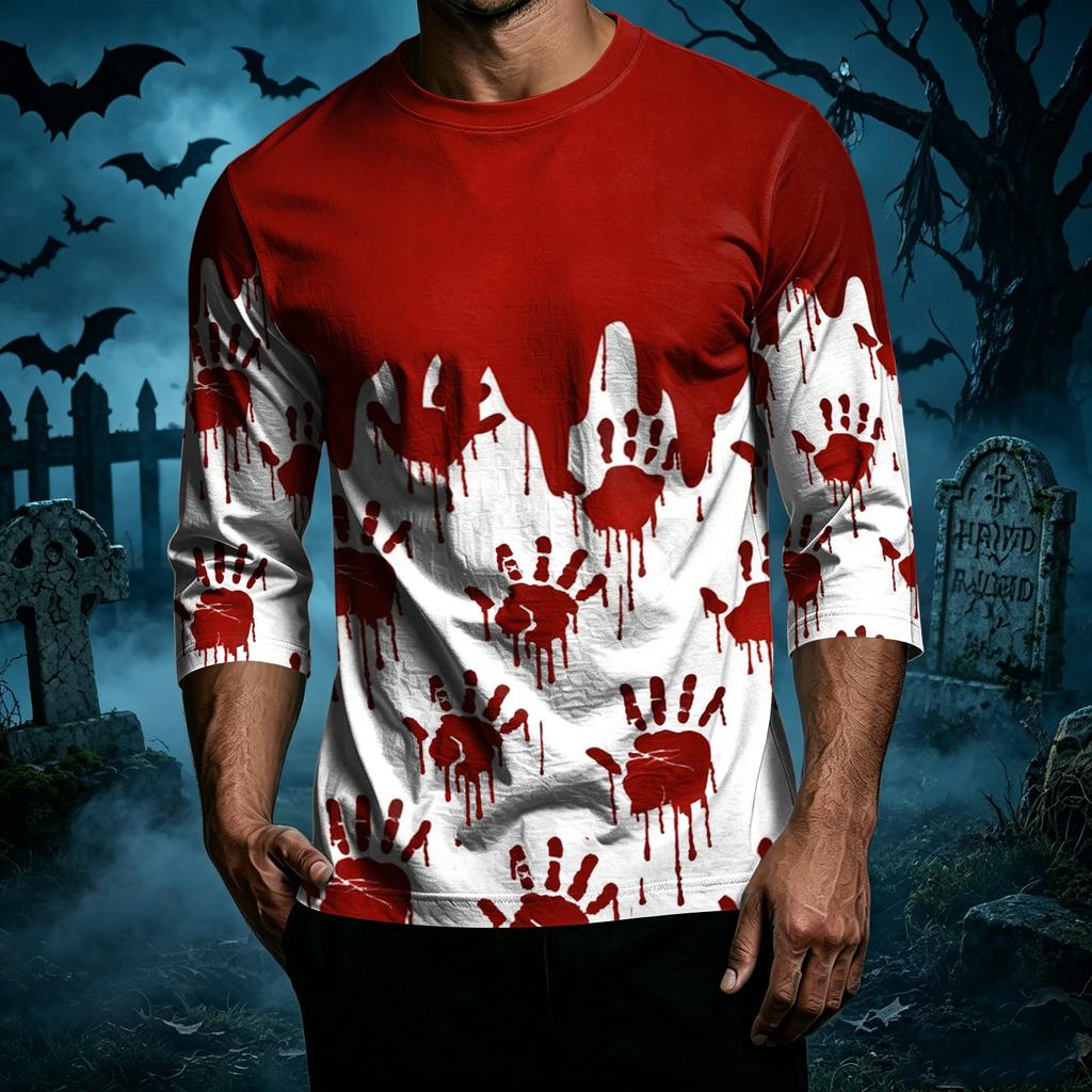 Men's Casual Halloween Print Crew Neck T-Shirt Three Quarter Sleeve Top Lightweight Comfortable Fit