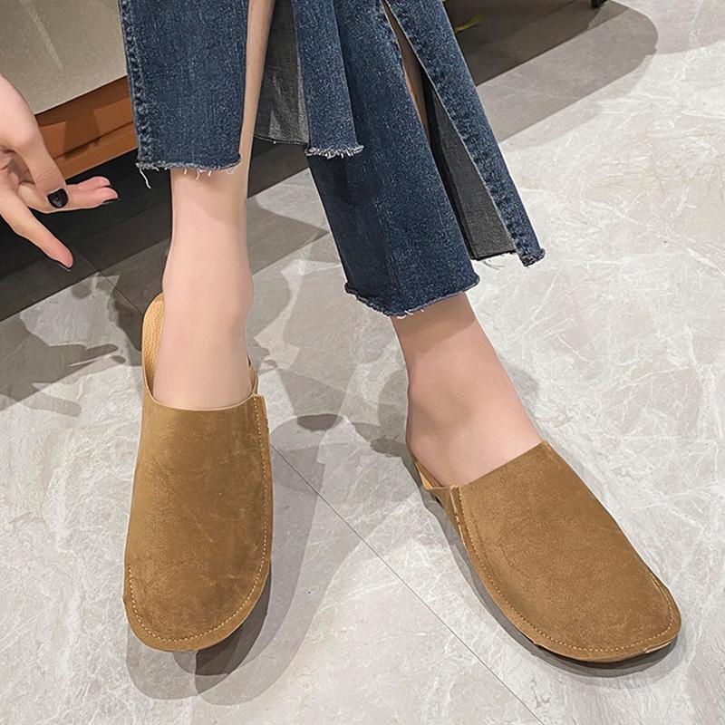 Grinding yarn bag head half slippers women's early spring new soft leather lazy shoes retro flat soft bottom cool slippers women
