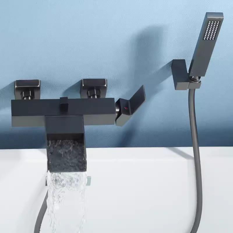 Zestaw prysznicowo-wannowy w kolorze szczotkowanego złota, montowany na ścianie, czarny kran wannowy, biały, wodospad, bateria łazienkowa do wanny i prysznica, mosiądz