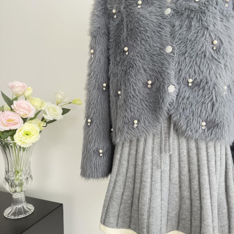 Women's Beaded Faux Mink Fur Coat - Korean Style Knit Cardigan, Spring/Autumn Long Hair Outerwear.