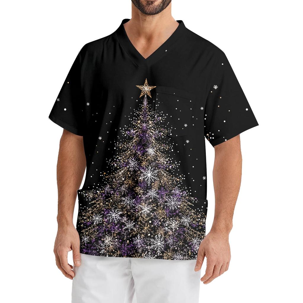 Men's Printing Short Sleeve V-neck Working Blouse Chest Pocket Carer Top