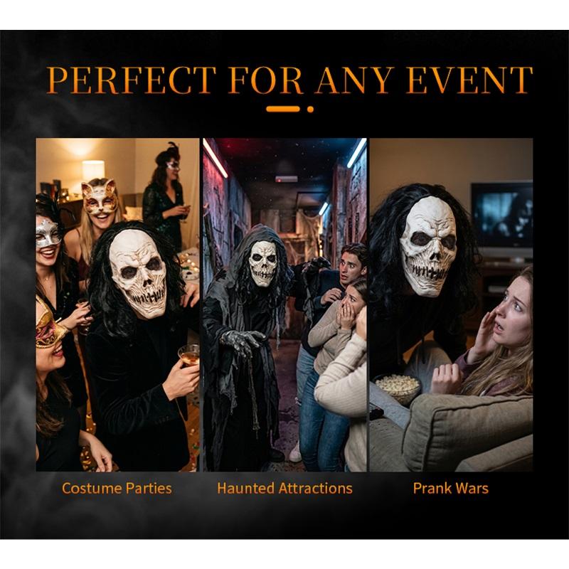Black Long-Haired Skull Mask, Perfect for Holiday Parties, Halloween Pranks, Masquerade Balls, and Carnival Parties, Made of Latex
