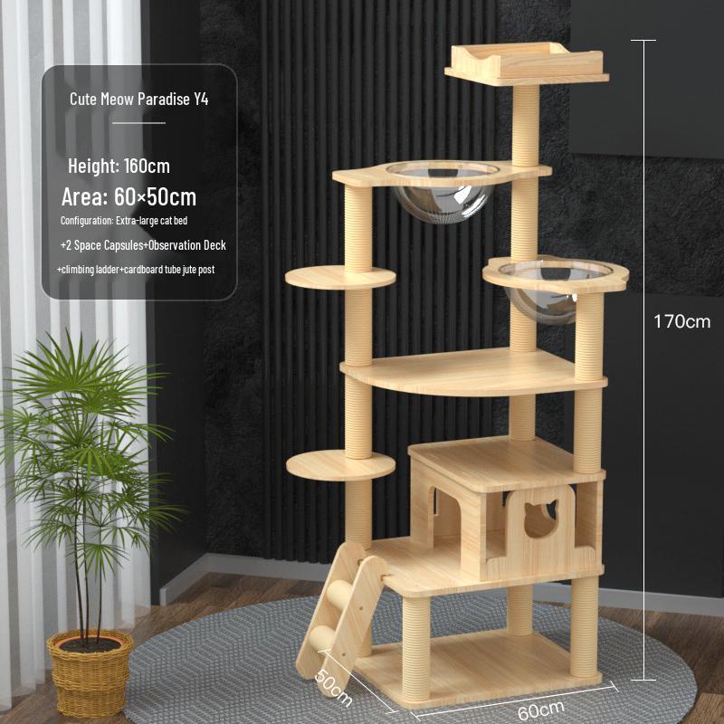 Compact Solid Wood Cat Tree with Climbing Frame & Space Capsule Bed for Large & Small Homes