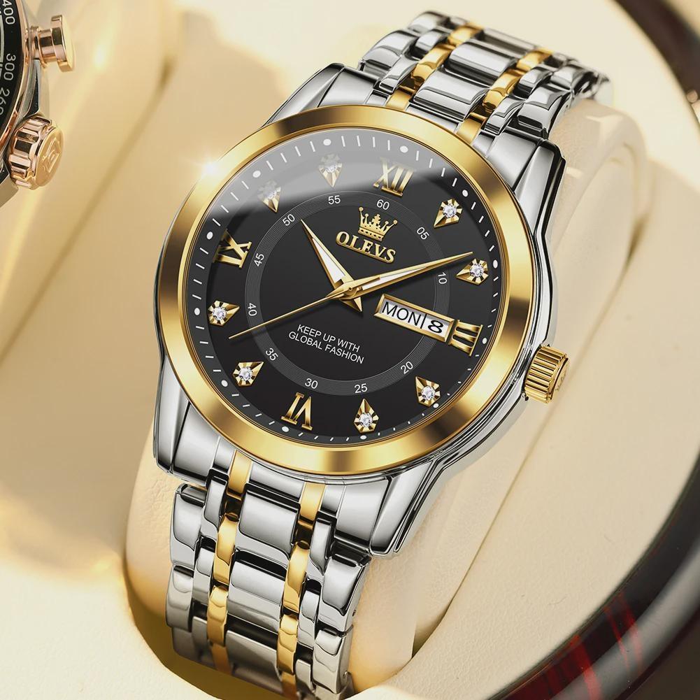 OLEVS Men's Watch Dual Calendar Display Waterproof Luminous Original Luxury Diamond Watch Fashion Men's Watch