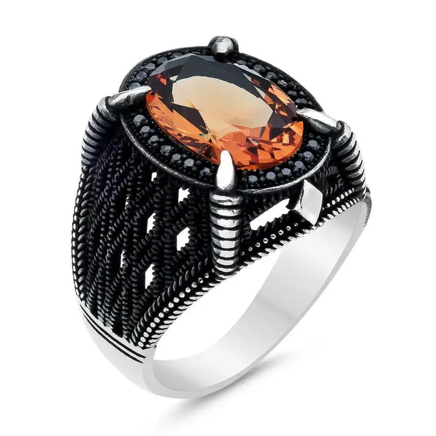 New Copper Material Open Adjustable Ring Amber Zircon Personality High Zircon Fashion Luxury Business Men's High-end Ring