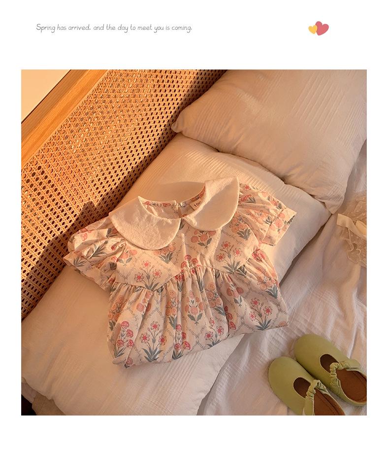 2026 Summer Korean Floral Print Doll Collar Dress for Toddlers and Young Girls - Short Sleeve Baby Dress