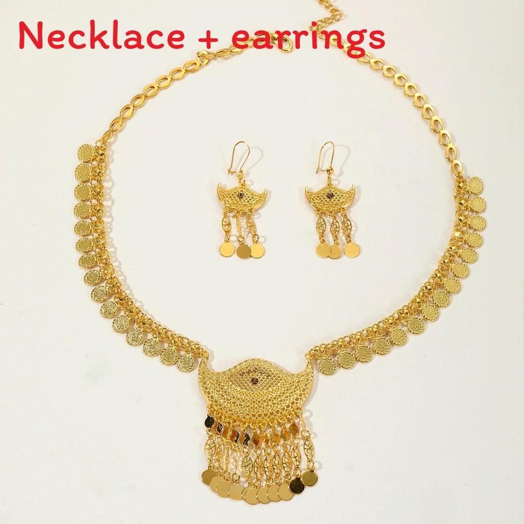 Trendy Alloy Gold Jewelry Collection With Hollow Coin Necklace And Earrings For Wear Casual
