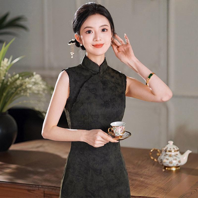 Black sleeveless national style new Chinese long improved cheongsam 1011 new women's high-end retro dress spring and summer