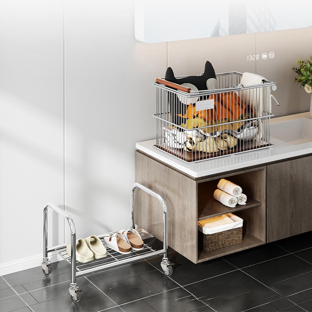 Movable Dirty Clothes Basket With Wheel Double-Layer Clothes Storage Trolley Storage Basket Bathroom Carbon Steel Clothes Basket