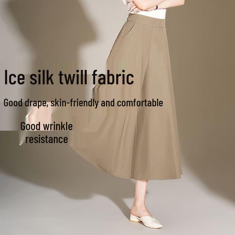 2026 Women's High-Waisted Ice Silk Wide-Leg Skort Pants - Casual Loose Nine-Point Skirt Pants