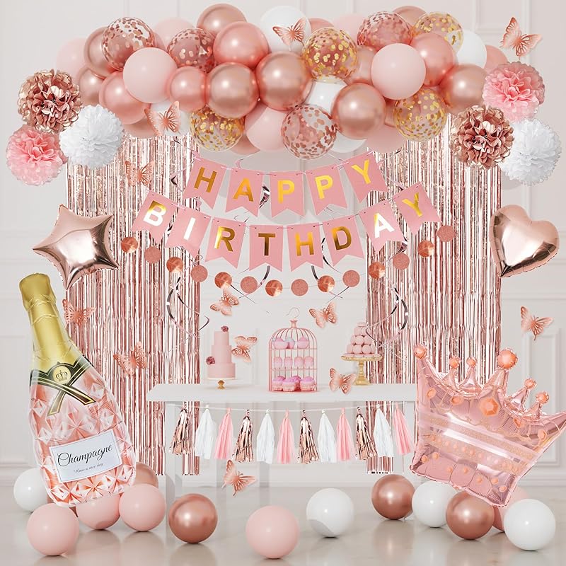 Rose Gold Birthday Party Decorations Kit for Women Girls, Foil Confetti Rose Gold Balloon Pink Happy Birthday Banner Fringe Curtains Butterfly Decor