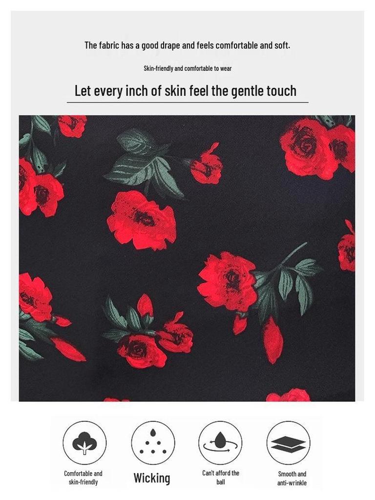 Retro Rose Print High-Waisted Side Slit A-Line Skirt - Women's Spring/Summer 2025 Collection