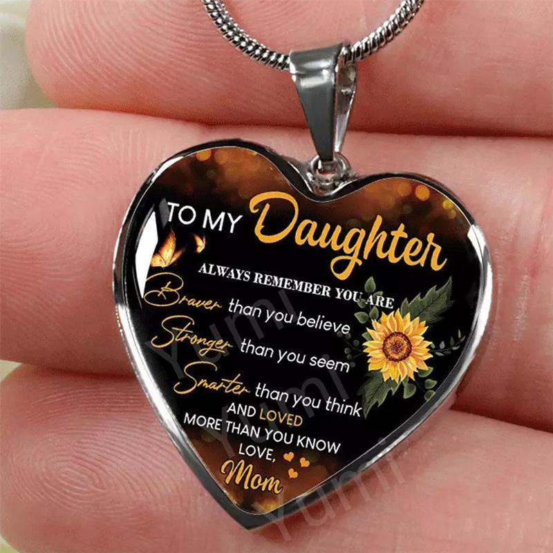 To My Daughter Heart Pendant Necklace Sunflower Inspirational Necklaces For Children Birthday Gifts