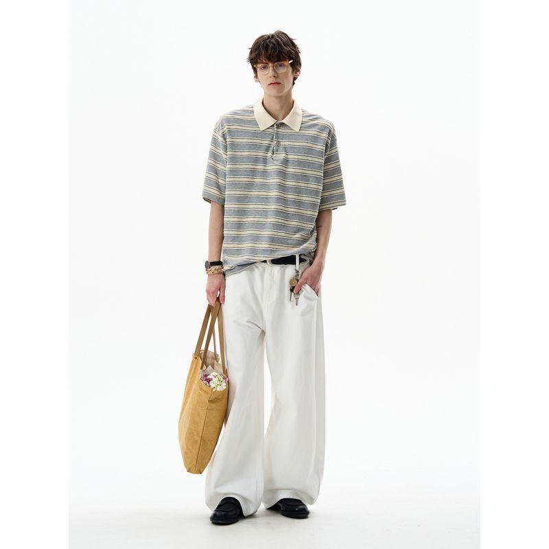 Madwitch American-Style Color-Block Striped Polo Shirt Short-Sleeve Unisex Loose Retro Commuter Casual Top T-Shirt Ins