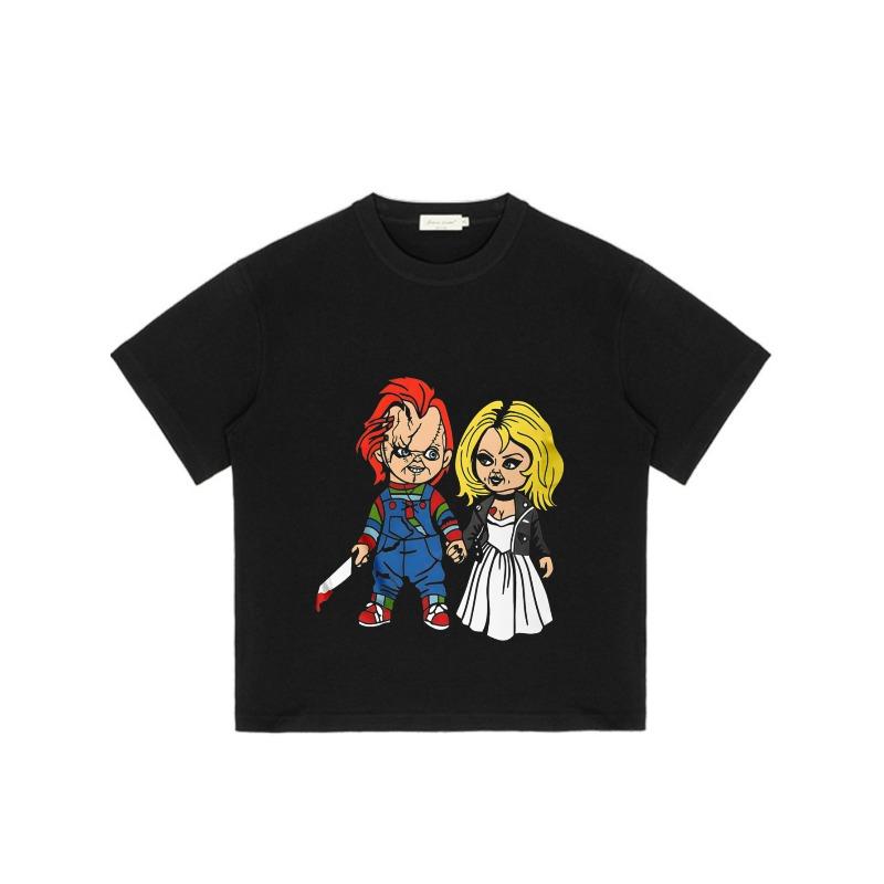 Chucky and Tiffany Cartoon T Shirt Black Horror Movie Characters Print Casual Wear for Men and Women
