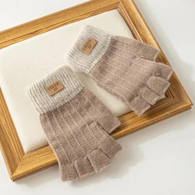 Winter Fingerless Gloves for Men Half Finger Writting Office Knitted Thick Wool Warm Label Thick Elastic Outdoor Driving Gloves