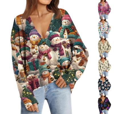 Women's Fashion Long Sleeve Print V-Neck Button Loose Cardigan Top