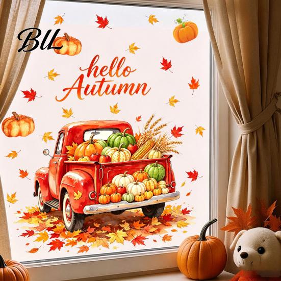 Pumpkin Store Display Autumn Harvest Window Clings, Decorative Static Glass Sticker for Thanksgiving Home Shop Seasonal Art Decor, Removable PVC Maple