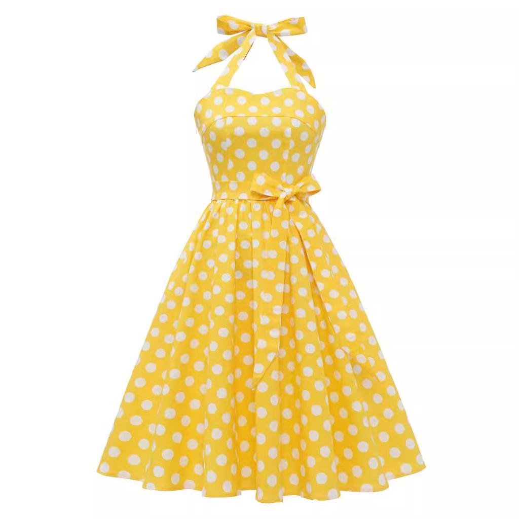 Vintage Polka Dot Cotton Dress With Tie Back And Offshoulder Design For Women