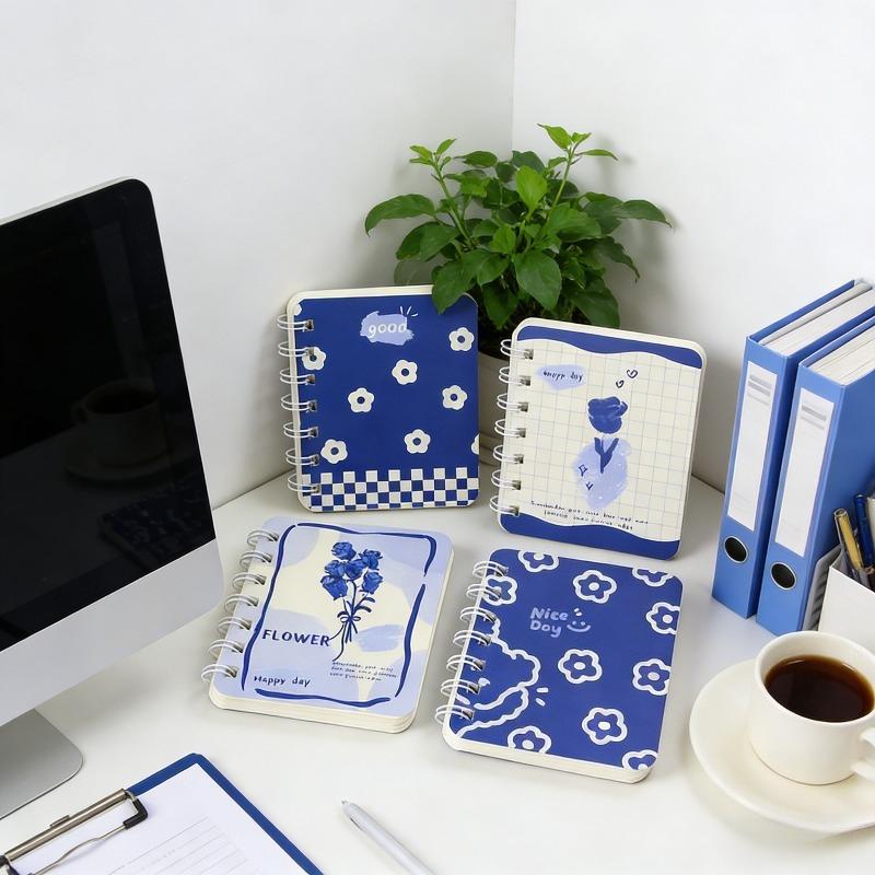 2Pcs Blue Rose Flower Pattern Cartoon A7 Coil Book Pocket Mini Notebook Diary Portable Office Notepad Daily Weekly Planner School Supplies Holiday Gi
