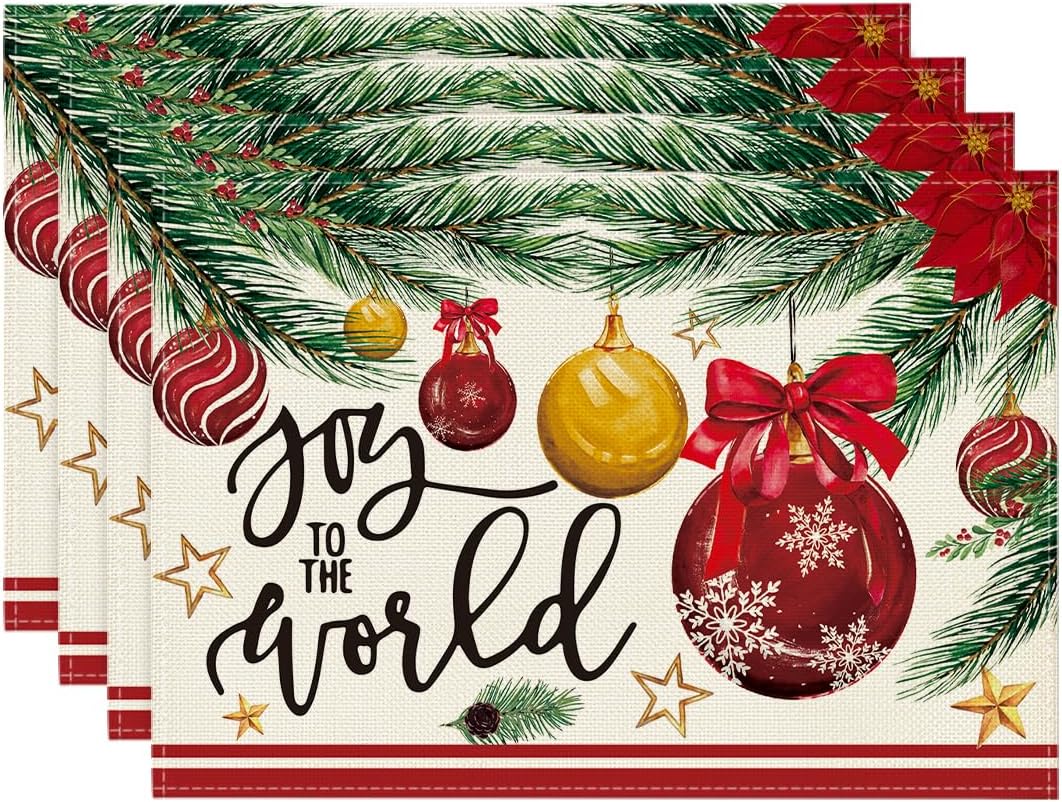 

Joy to The World Xmas Red Balls Christmas Placemats 12x18 Inch Winter Pine Cone Table Mats for Party Kitchen Dining Decoration 4pcs