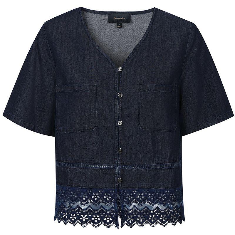

Firststation Elegant V-neck Lace Stitching Hem Original Cow Denim Short coat Women 25 Summer New J125a Tibetan youth 160/84A/M