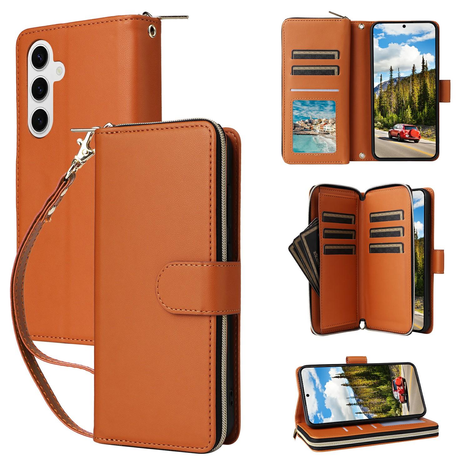 

For Samsung Galaxy S25/S24 Case Zipper Pocket PU Leather Cover with 9 Card Slots Brown
